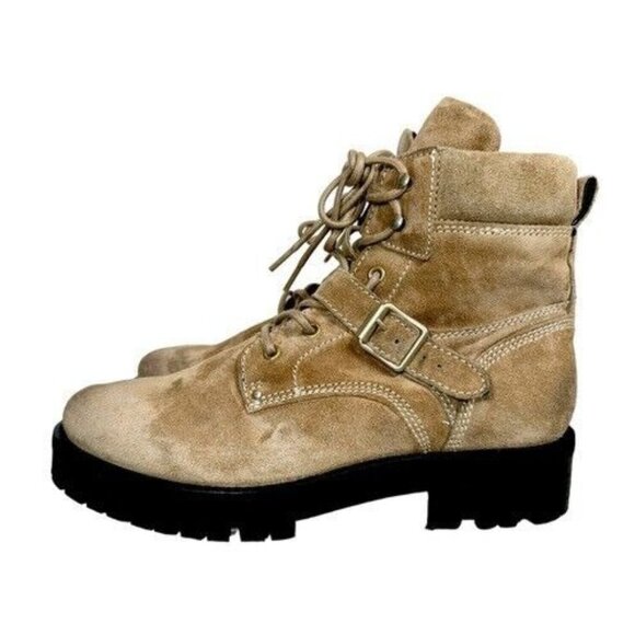 ALLSAINTS Paulina Suede Buckle Moto Combat Boot $349 US 9 EU39 Desert Tan - Picture 2 of 11